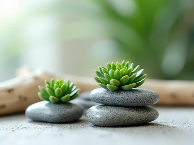 Détail de décoration zen avec plantes et galets au studio Zénith Éclat.