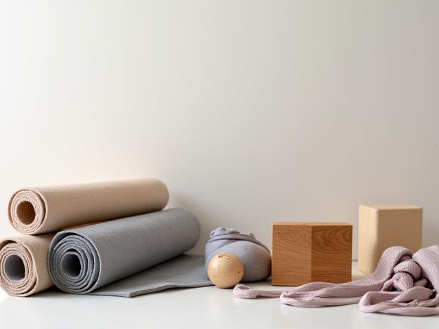 Matériel de yoga rangé : tapis, blocs, sangles dans un studio bien organisé.