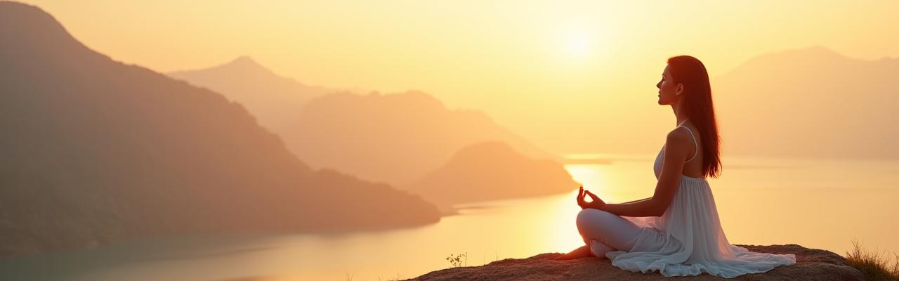 Image d'une femme méditant au lever du soleil