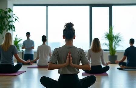 Des employés pratiquant doucement le yoga ou la méditation dans un espace de bureau moderne et serein