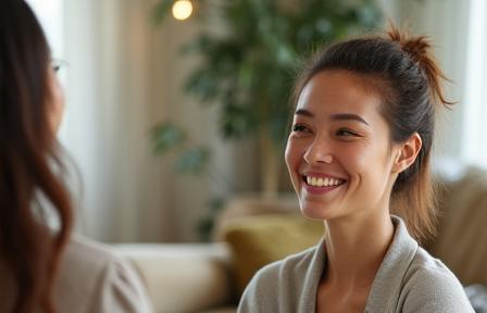Une personne souriante et sereine engagée dans une conversation attentive, symbolisant le coaching de vie consciente