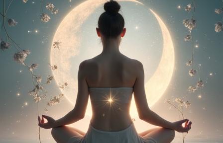 Une femme en posture de méditation entourée de symboles lunaires et de plantes délicates, représentant un atelier spécialisé