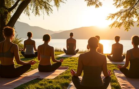Un groupe de personnes pratiquant le yoga en plein air lors d'une retraite saisonnière, avec un soleil doux et une nature luxuriante